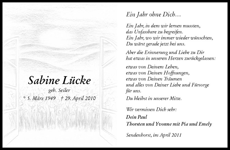 Traueranzeige für Sabine Lücke vom 29.04.2011 aus Westfälische Nachrichten
