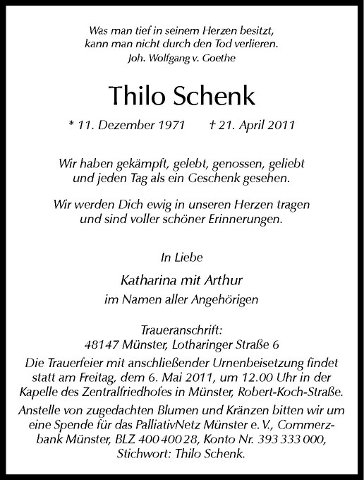  Traueranzeige für Thilo Schenk vom 30.04.2011 aus Westfälische Nachrichten
