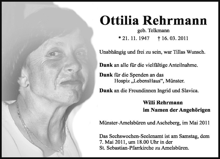  Traueranzeige für Ottilia Rehrmann vom 04.05.2011 aus Westfälische Nachrichten