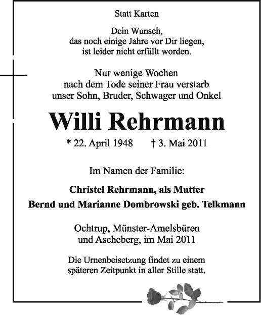  Traueranzeige für Willi Rehrmann vom 05.05.2011 aus Westfälische Nachrichten