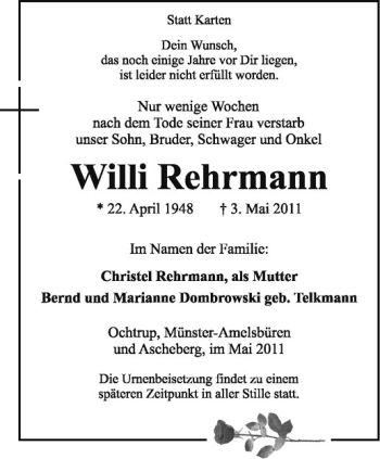 Anzeige von Willi Rehrmann von Westfälische Nachrichten