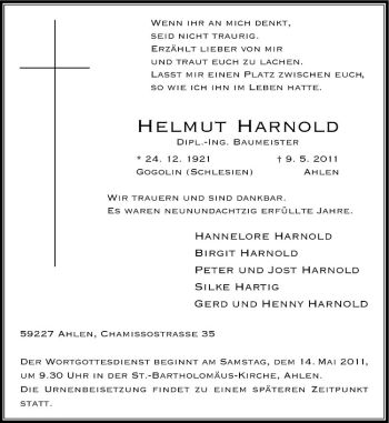 Anzeige von Helmut Harnold von Westfälische Nachrichten