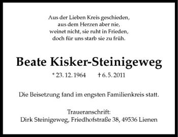 Anzeige von Beate Kisker-Steinigeweg von Westfälische Nachrichten