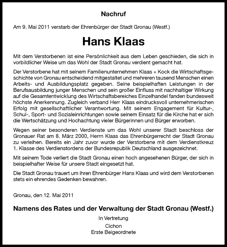  Traueranzeige für Hans Klaas vom 13.05.2011 aus Westfälische Nachrichten