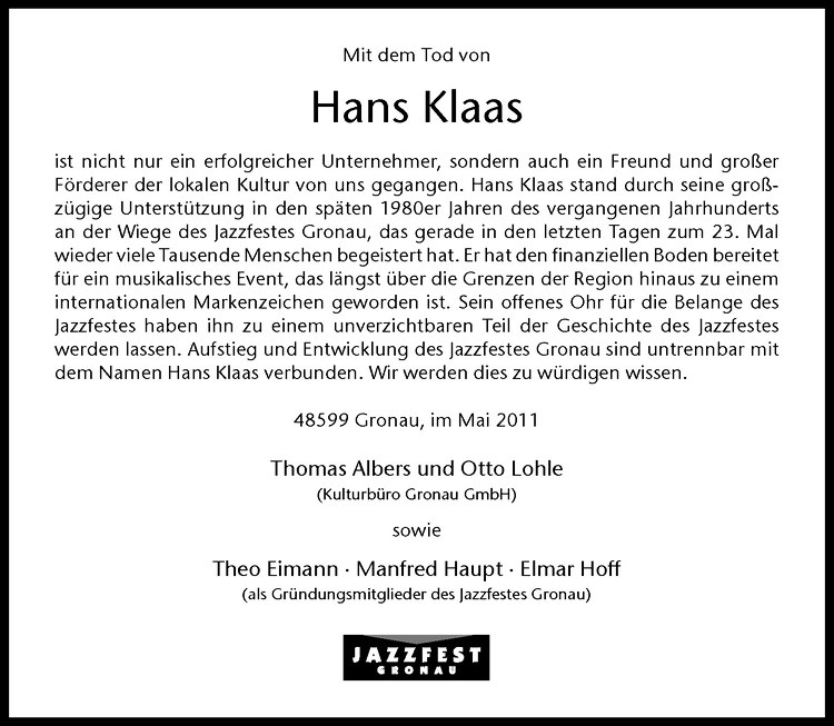  Traueranzeige für Hans Klaas vom 13.05.2011 aus Westfälische Nachrichten