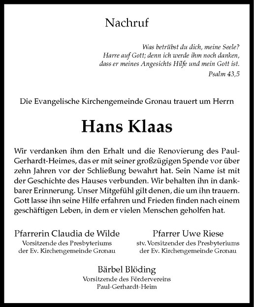  Traueranzeige für Hans Klaas vom 14.05.2011 aus Westfälische Nachrichten