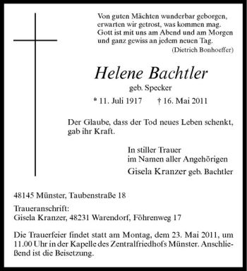 Anzeige von Helene Bachtler von Westfälische Nachrichten