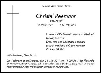 Anzeige von Christel Reemann von Westfälische Nachrichten