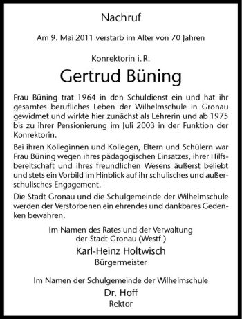Anzeige von Gertrud Büning von Westfälische Nachrichten