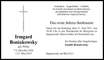 Anzeige von Irmgard Boniakowsky von Westfälische Nachrichten