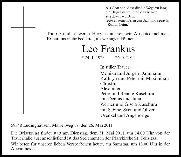  Traueranzeige für Leo Frankus vom 28.05.2011 aus Westfälische Nachrichten