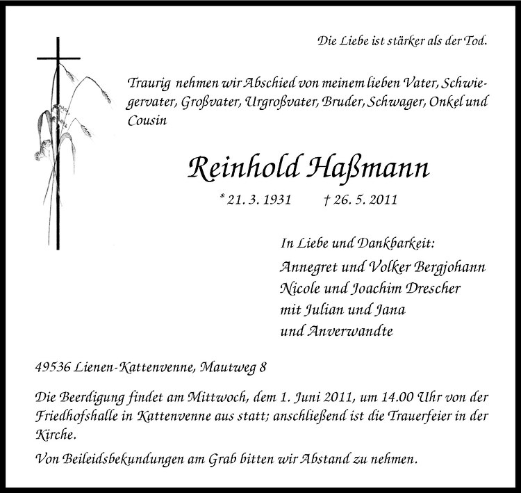  Traueranzeige für Reinhold Haßmann vom 30.05.2011 aus Westfälische Nachrichten