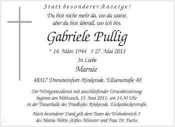 Anzeige von Gabriele Pullig von Westfälische Nachrichten
