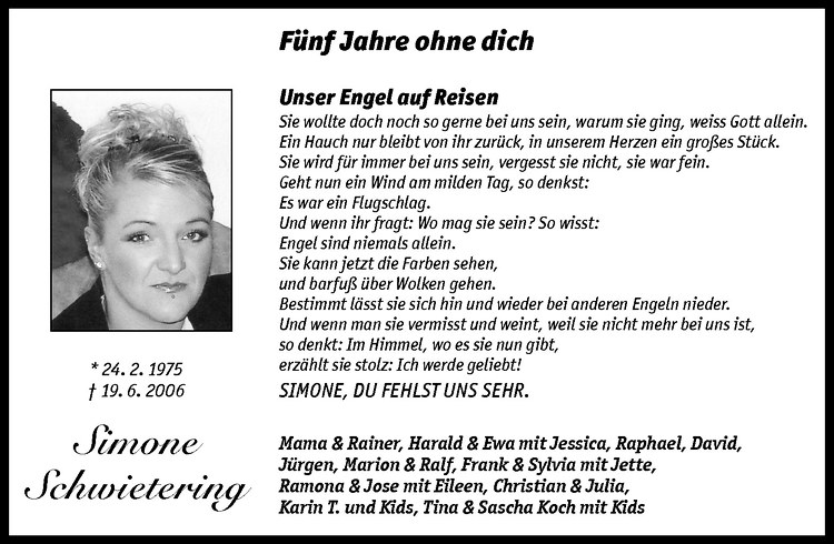  Traueranzeige für Simone Schwietering vom 18.06.2011 aus Westfälische Nachrichten