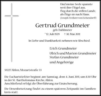 Anzeige von Gertrud Grundmeier von Westfälische Nachrichten