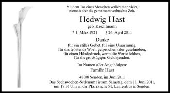 Anzeige von Hedwig Hast von Westfälische Nachrichten