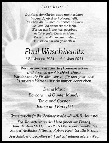 Anzeige von Paul Waschkewitz von Westfälische Nachrichten