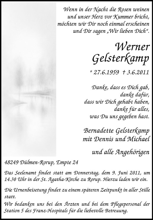  Traueranzeige für Werner Gelsterkamp vom 06.06.2011 aus Westfälische Nachrichten