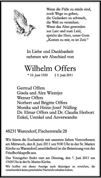 Anzeige von Wilhelm Offers von Westfälische Nachrichten