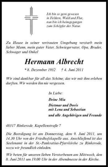Anzeige von Hermann Albrecht von Westfälische Nachrichten