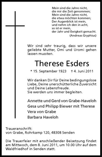 Anzeige von Therese Esders von Westfälische Nachrichten