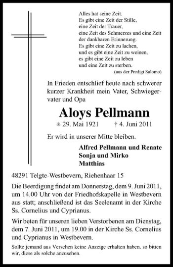 Anzeige von Aloys Pellmann von Westfälische Nachrichten
