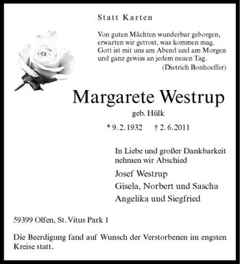 Anzeige von Margarete Westrup von Westfälische Nachrichten
