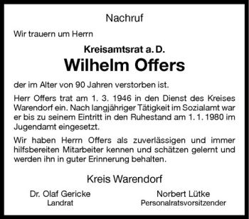 Anzeige von Wilhelm Offers von Westfälische Nachrichten