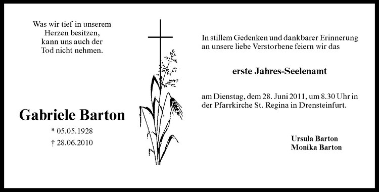  Traueranzeige für Gabriele Barton vom 18.06.2011 aus Westfälische Nachrichten