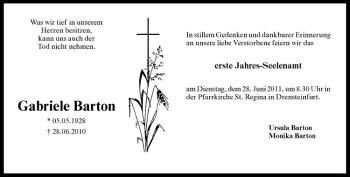 Anzeige von Gabriele Barton von Westfälische Nachrichten