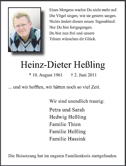  Traueranzeige für Heinz-Dieter Heßling vom 11.06.2011 aus Westfälische Nachrichten