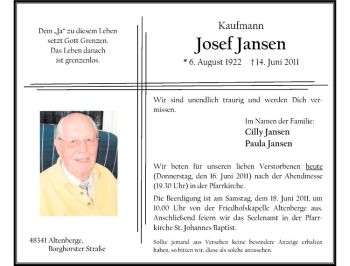 Anzeige von Josef Jansen von Westfälische Nachrichten