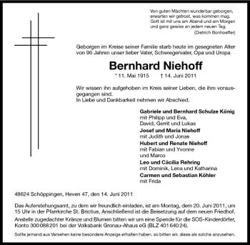 Anzeige von Bernhard Niehoff von Westfälische Nachrichten