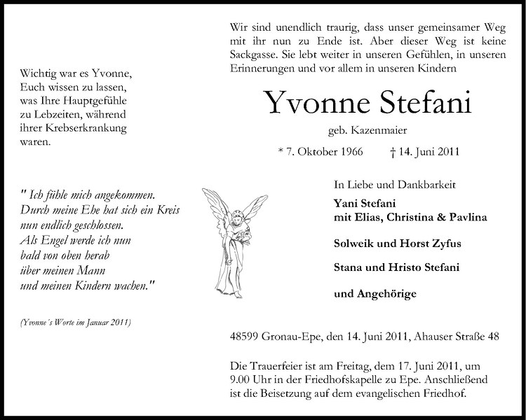  Traueranzeige für Yvonne Stefani vom 16.06.2011 aus Westfälische Nachrichten