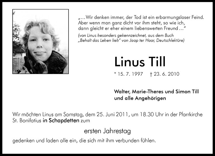  Traueranzeige für Linus Till vom 22.06.2011 aus Westfälische Nachrichten