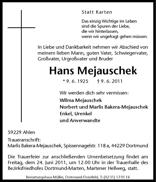  Traueranzeige für Hans Mejauschek vom 18.06.2011 aus Westfälische Nachrichten
