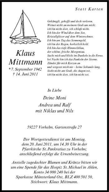 Anzeige von Klaus Mittmann von Westfälische Nachrichten
