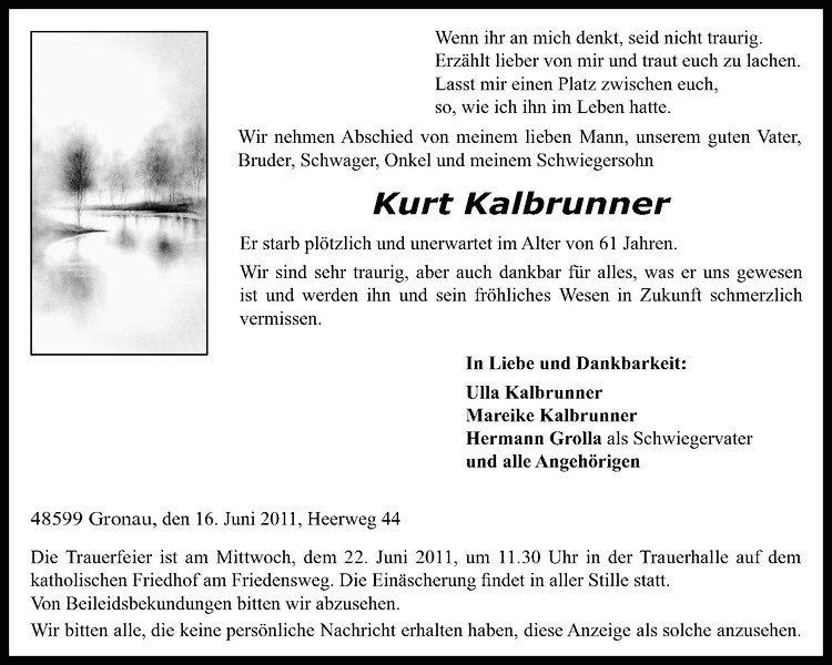  Traueranzeige für Kurt Kalbrunner vom 18.06.2011 aus Westfälische Nachrichten