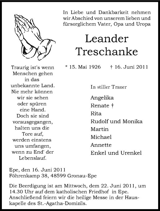  Traueranzeige für Leander Treschanke vom 18.06.2011 aus Westfälische Nachrichten