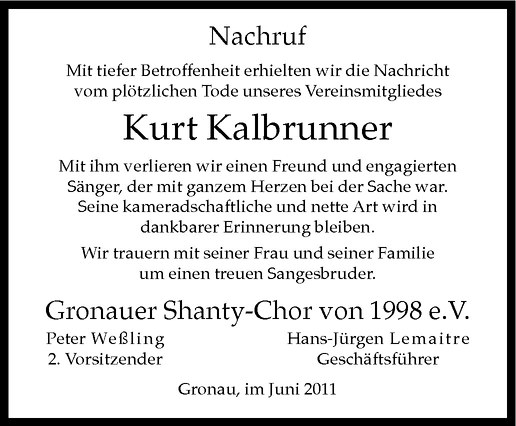  Traueranzeige für Kurt Kalbrunner vom 21.06.2011 aus Westfälische Nachrichten