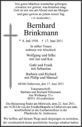 Anzeige von Bernhard Brinkmann von Westfälische Nachrichten