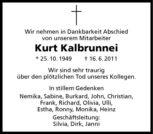  Traueranzeige für Kurt Kalbrunner vom 21.06.2011 aus Westfälische Nachrichten