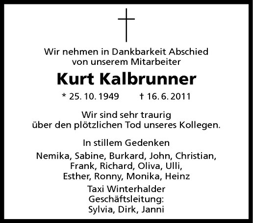  Traueranzeige für Kurt Kalbrunner vom 22.06.2011 aus Westfälische Nachrichten