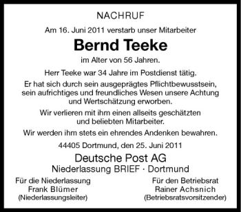 Anzeige von Bernd Teeke von Westfälische Nachrichten