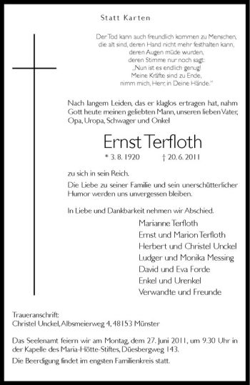 Anzeige von Ernst Terfloth von Westfälische Nachrichten