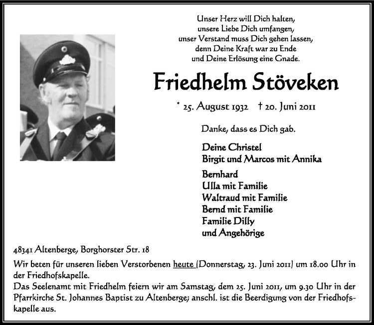  Traueranzeige für Friedhelm Stöveken vom 23.06.2011 aus Westfälische Nachrichten
