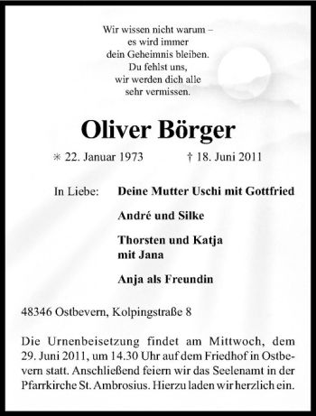 Anzeige von Oliver Börger von Westfälische Nachrichten