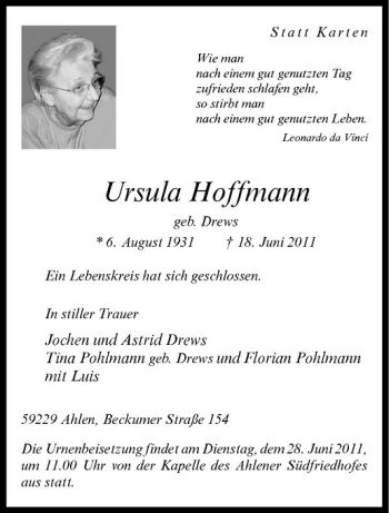Anzeige von Ursula Hoffmann von Westfälische Nachrichten