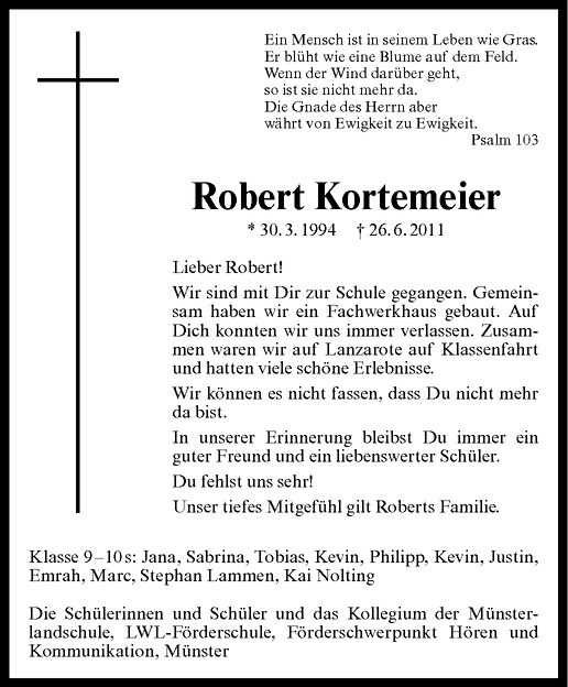  Traueranzeige für Robert Kortemeier vom 30.06.2011 aus Westfälische Nachrichten