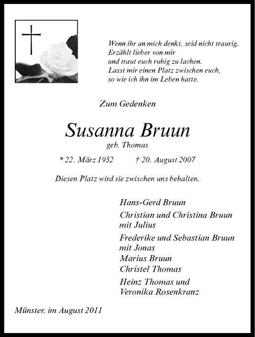  Traueranzeige für Susanna Bruun vom 20.08.2011 aus Westfälische Nachrichten